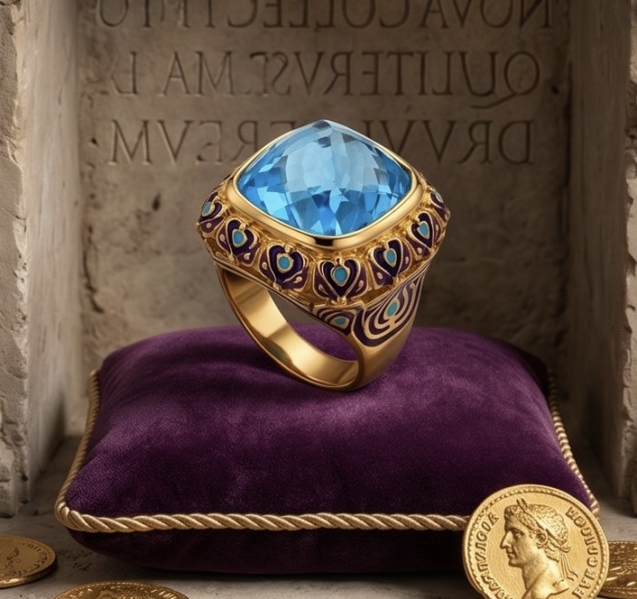 Dream Natural fancy Rose cut 22.8 carat Swiss Blue Topaz Enamel .925 Sterling Silver dipped in 22K Gold handmade Large Statement Ring size 6 3/4 - Large Swiss Blue Topaz ring on a cushion, front angle view.