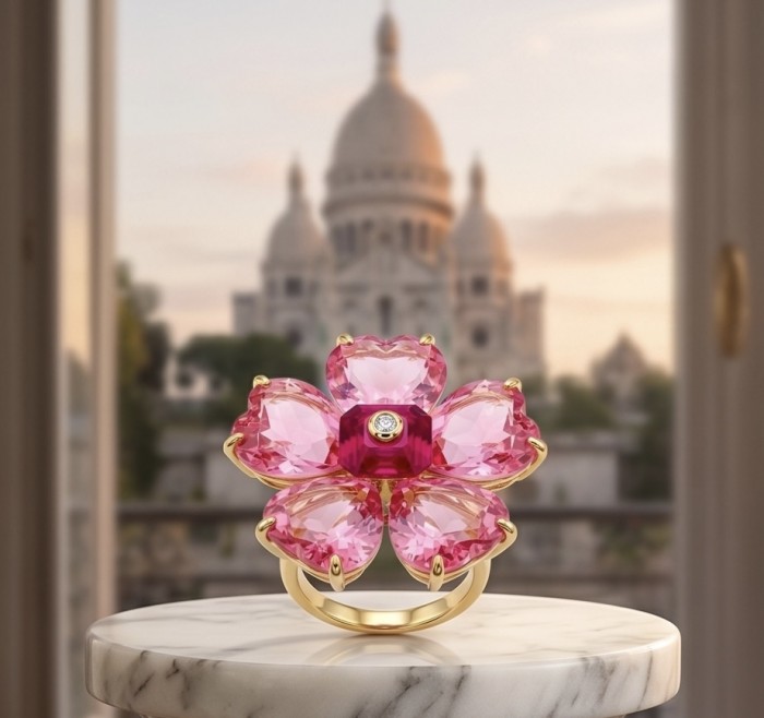 Cherry Blossom 27.5 carat Pink Amethyst 14K Gold over .925 Silver handcrafted Cocktail Ring s. 7 - Cherry Blossom ring with pink amethyst and gold, front view on marble.