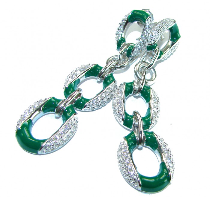 5.5 carat White Sapphire green enamel .925 Sterling Silver handcrafted Chain earrings - photo 3
