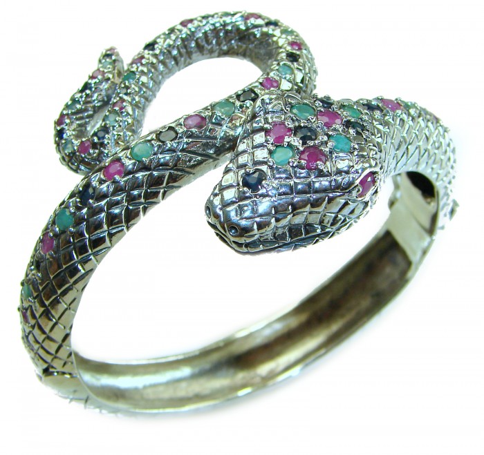 Huge 54.2 carat Precious Snake Genuine Ruby Emerald Sapphire .925 Sterling Silver handcrafted Bracelet - Snake bracelet with rubies, emeralds, and sapphires, side view.