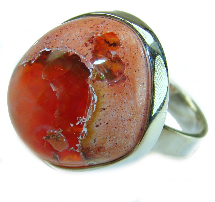 Orange Galaxy best quality 26.4 carat Mexican Opal .925 Sterling Silver handmade ring 7 - Close-up of 26.4 carat Mexican Opal ring in .925 silver setting.