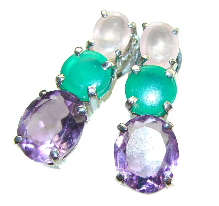 Lavender Beauty authentic 10.2 carat Amethyst .925 Sterling Silver handcrafted earrings - Earrings with amethyst, green, and pink stones, front view close-up.
