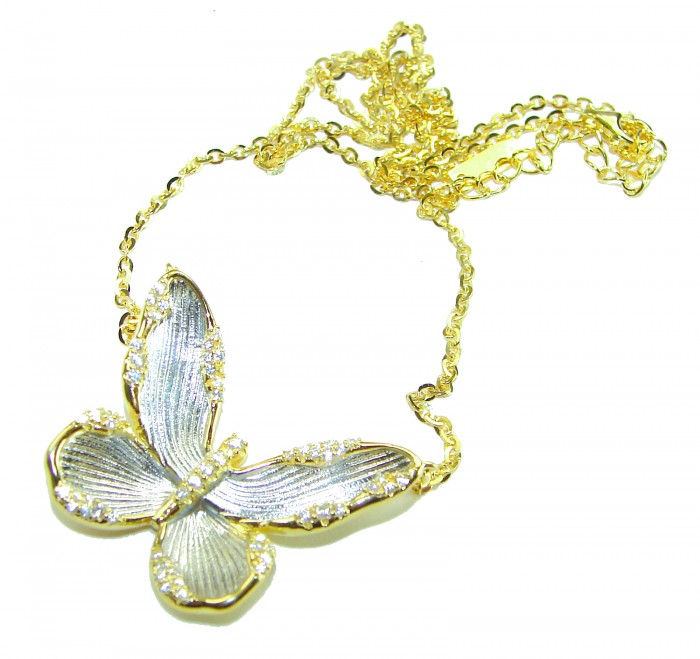 Golden Butterfly White Topaz highly polished 18K Gold over .925 Sterling Silver Italy made necklace - Butterfly pendant necklace, top view, gold and white topaz detail.