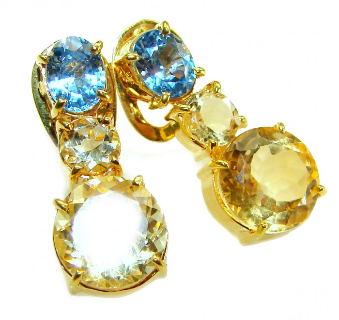 Fiesta Authentic 12.5 carat Multigem .925 Sterling Silver dipped in 14K Gold over brilliantly handcrafted earrings - Close-up of Fiesta multigem sterling silver earrings showcasing stones.