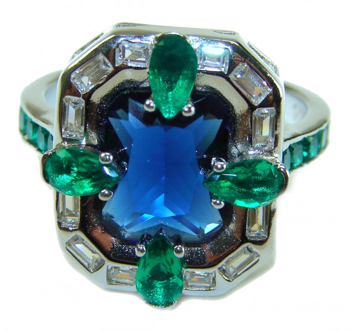 Art Deco 8.6 ctw Sapphire Emerald .925 Sterling Silver handcrafted Statement Ring size 8 - Close-up of Art Deco sapphire emerald ring in sterling silver.