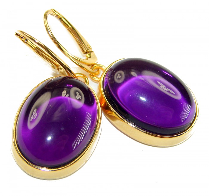 Lavender Beauty authentic 16.2 carat Amethyst 14K Gold over .925 Sterling Silver handcrafted earrings - Close-up of Lavender Beauty amethyst earrings in 14K gold.