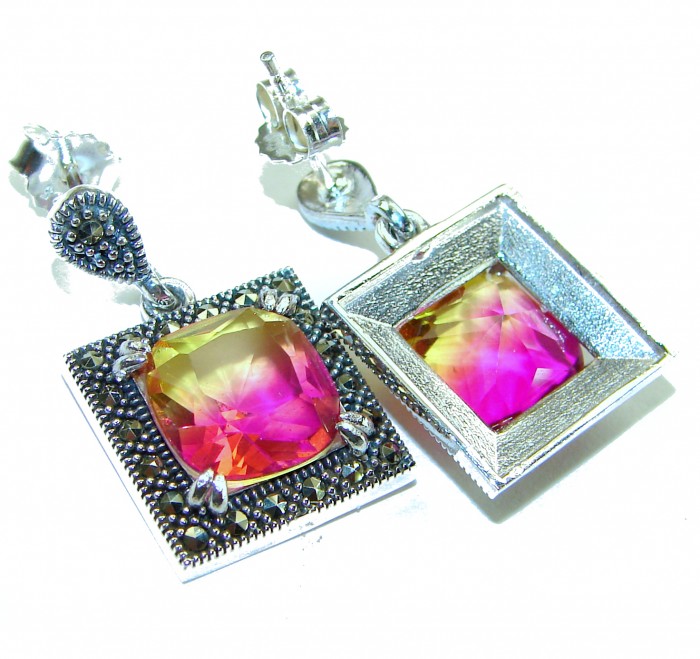 Tiffany 9.5 carat Ametrine Marcasite .925 Sterling Silver HANDCRAFTED Earrings - Close-up of Tiffany 9.5 carat ametrine earrings with marcasite accents.