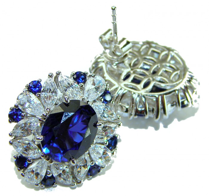 Gabriella 6.2 carat authentic Sapphire .925 Sterling Silver handcrafted Statement earrings - Close-up of sapphire and diamond earrings with sterling silver backing
