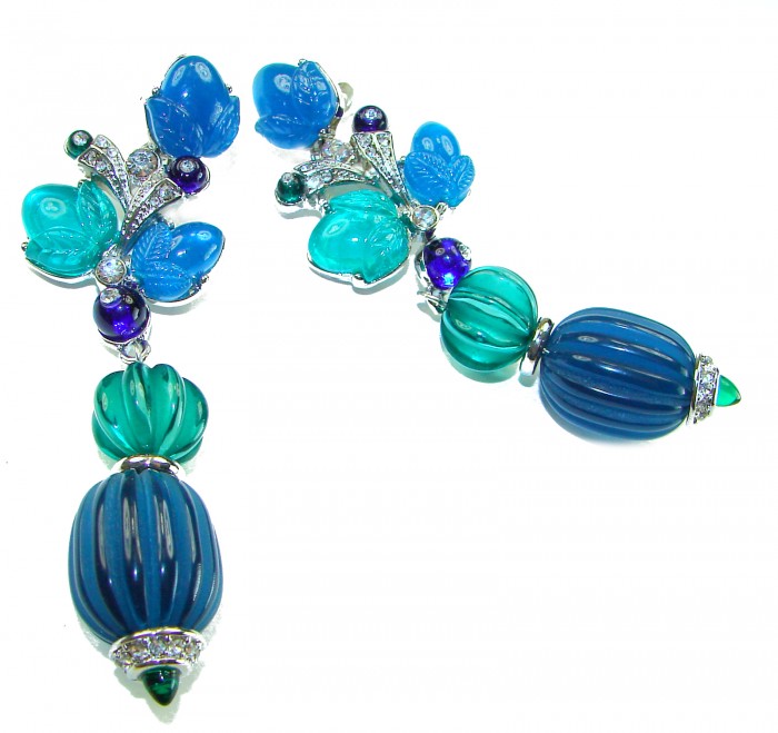 Blue Extravaganza - Very Unique 60.5 carat Emerald Sapphire .925 Sterling Silver handcrafted earrings - Colorful dangling earrings detail with blue and green stones