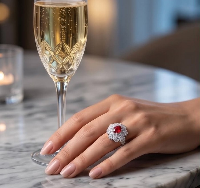 Stella - 4.2 carat Kashmir Ruby .925 Sterling Silver dipped in Rhodium handcrafted incredible ring s. 8 - Hand with Stella ring, Kashmir ruby, sterling silver, next to champagne glass.