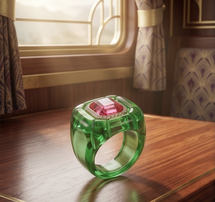 Candy Store - Modern Design Natural Green Raisin Pink Topaz .925 Sterling Silver ring size 8 1/4 - Close-up of green resin ring with pink topaz on wooden table