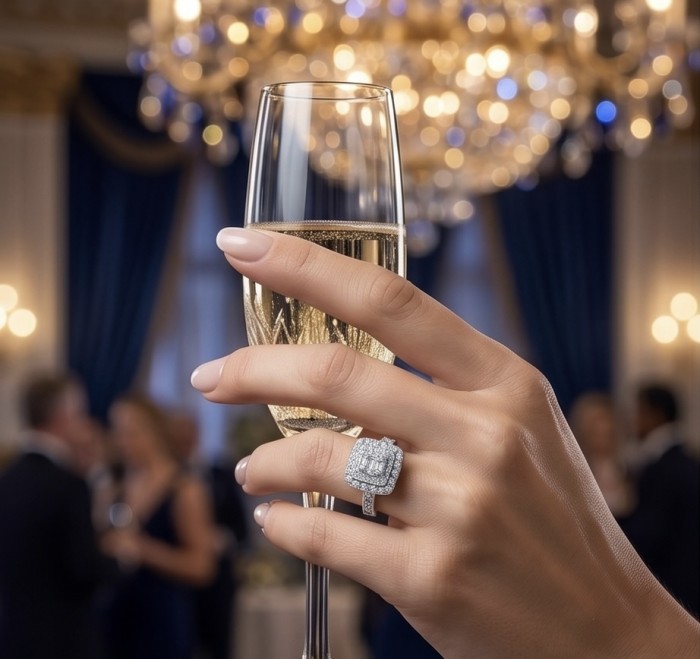 Esmeralda - Precious 8.5 carta White Topaz rhodium over .925 Sterling Silver Statement ring size 7 1/2 - Worn on hand with champagne glass, sparkling topaz ring in focus.