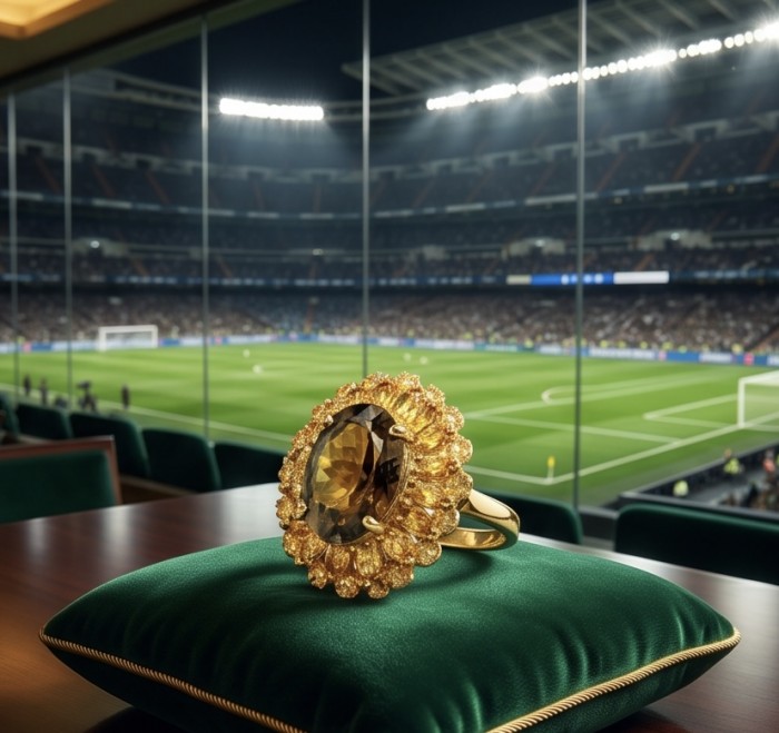 Serenity 18.5 carat genuine Smoky Topaz 18K Gold over .925 Sterling Silver HUGE Ring size 7 3/4 - Smoky Topaz gold ring on cushion, stadium background, side view.