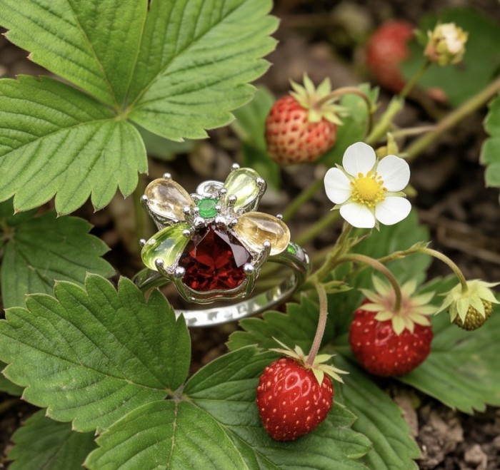 Red Heart 8.1 carat Multigem rhodium over .925 Sterling Silver Handcrafted Ring size 8 - Red heart ring with multigem close-up, in strawberry plant setting.