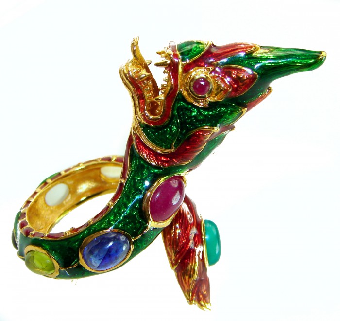 Dragon - symbolizes supernatural power- Enamel Ruby 18K Gold over .925 Sterling Silver Huge handcrafted Ring s. 9 - photo 1