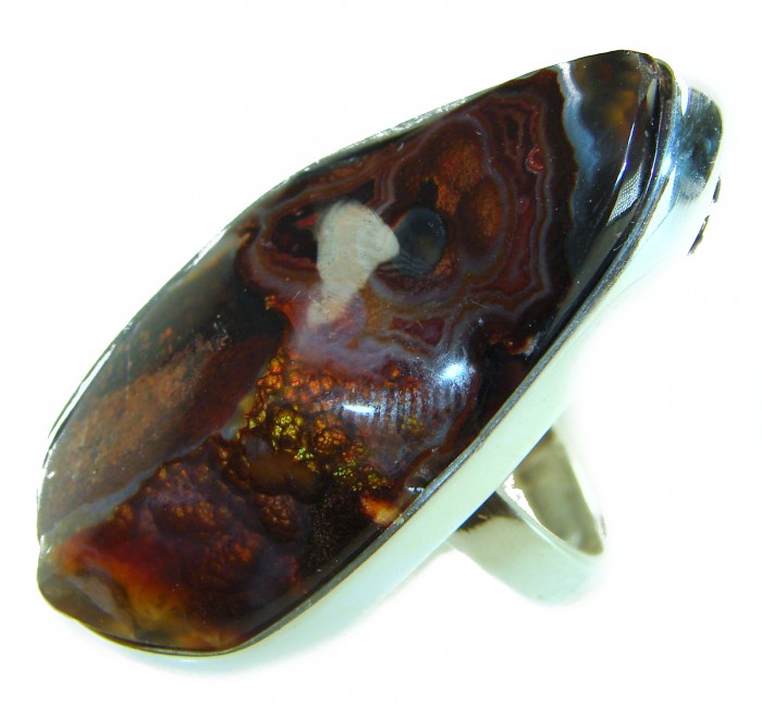 Mystery Genuine 55.2 CARAT Fire Agate .925 Sterling Silver Ring size 8 adjustable - Close-up of 55.2 carat fire agate set in .925 sterling silver ring.