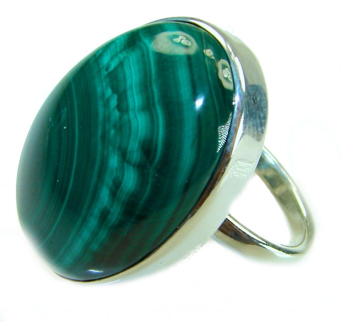 32.2 CARAT genuine Malachite .925 Sterling Silver handcrafted ring size 7 adjustable - Close-up of Malachite stone ring set in .925 Sterling Silver
