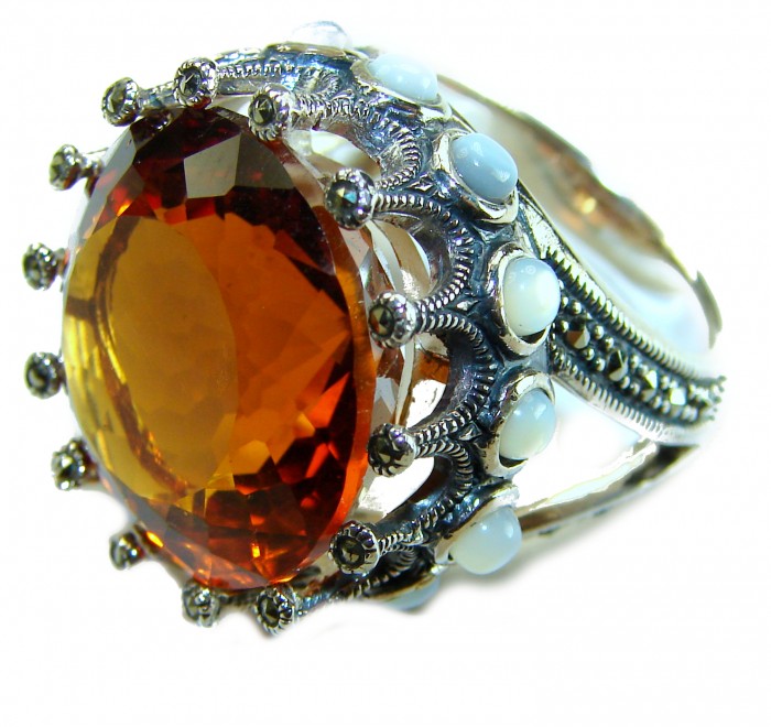 Celestial energY Natural 28.4 carat GOLDEN Topaz Marcasite .925 Sterling Silver handmade Large Statement Ring size 8 3/4 - Close-up of a ring with golden topaz and marcasite detailing