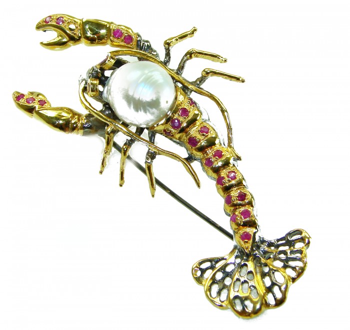 Precious Crayfish Natural Mother of Pearl Ruby 18K Gold over .925 Sterling Silver handmade Pendant Brooch - Crayfish brooch with pearl, rubies, 18K gold, top view.