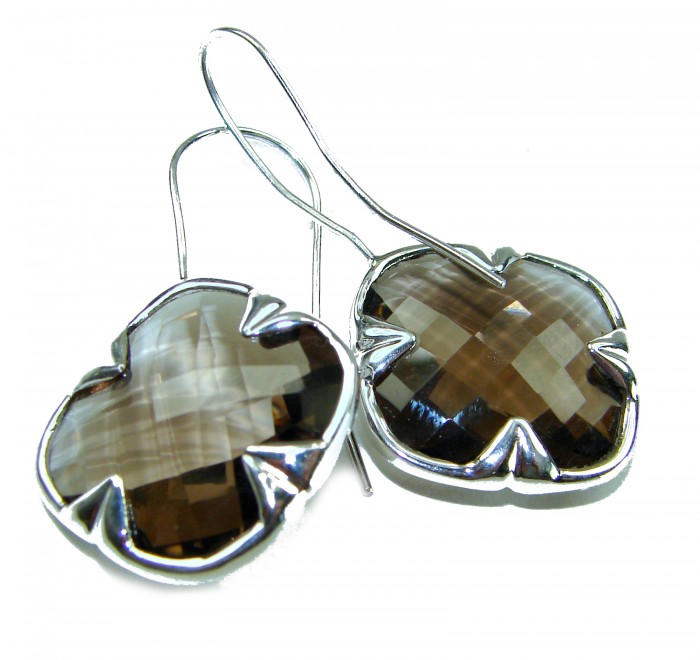 Alessandra 22.5 carat Champagne Smoky Topaz .925 Sterling Silver handmade Earrings - Close-up of Alessandra earrings with smoky topaz in sterling silver.