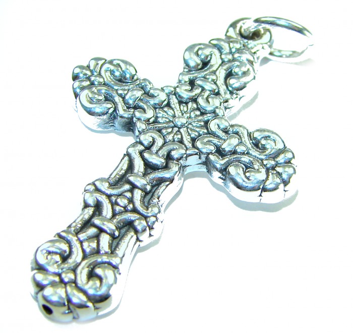 Holy Cross the best quality .925 Sterling Silver Bali made Pendant - Ornate sterling silver cross pendant, detailed close-up angle.