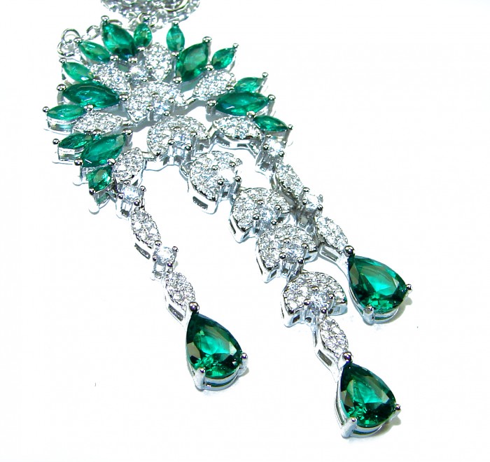 Giovanna - Authentic 25.9 carat Colombian Emerlad .925 Sterling Silver handcrafted Statement necklace - Close-up of emerald and diamond design on silver necklace.