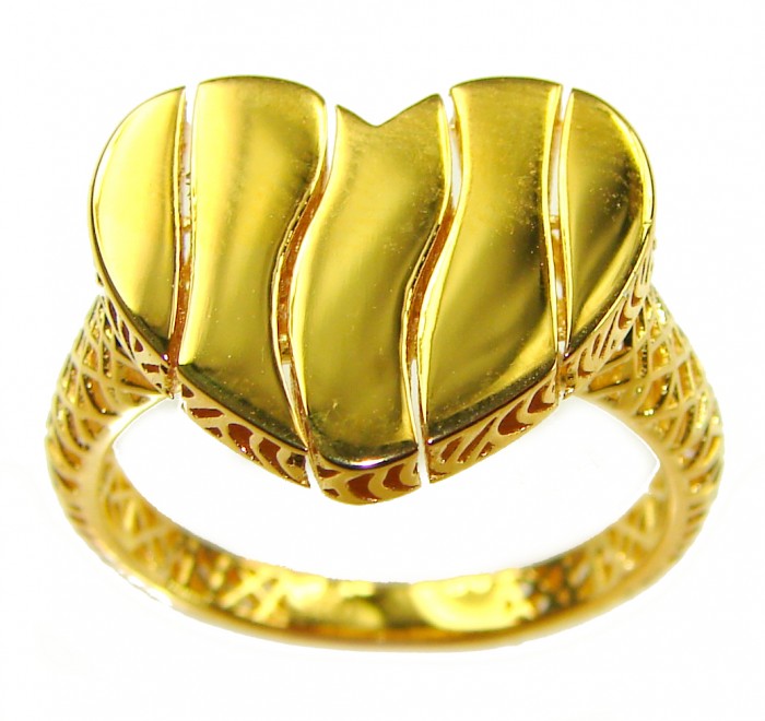 Dubai Style - Golden Heart .925 Sterling Silver dipped in 22K Gold handmade ring size 8 - Golden heart ring, top view, intricate detailing, Dubai style design.