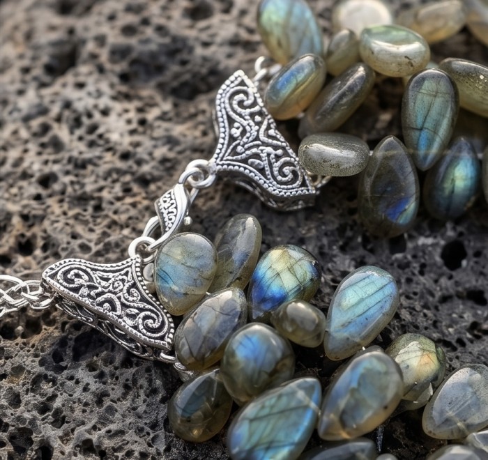 Blue Cascade Genuine Labradorite .925 Sterling Silver handcrafted Necklace - Labradorite necklace stone close-up with silver detailing