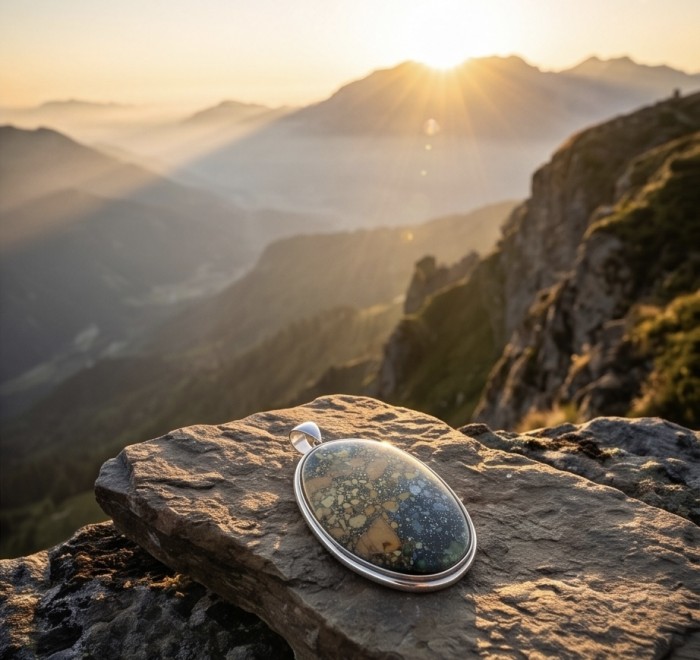 Rare - Great quality Maligano Jasper .925 Sterling Silver handmade Pendant - Maligano Jasper pendant on rock with sunrise mountain view.