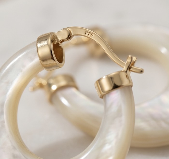 Sublime rainbow Blister Pearl 18K Gold over .925 Sterling Silver handcrafted Earrings - Clasp detail of Sublime rainbow blister pearl earrings in gold and silver.