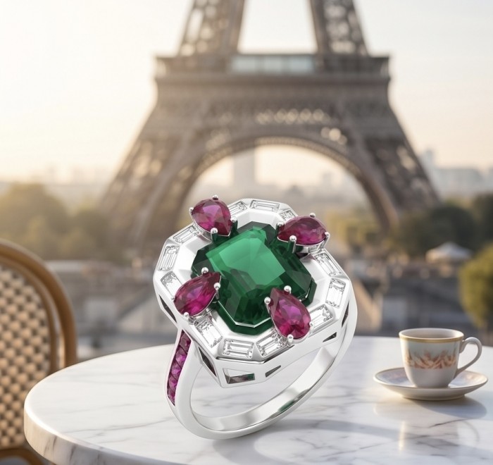 Art Deco 8.6 ctw Emerald .925 Sterling Silver handcrafted Statement Ring size 7 1/4 - Emerald and ruby ring close-up with Eiffel Tower background