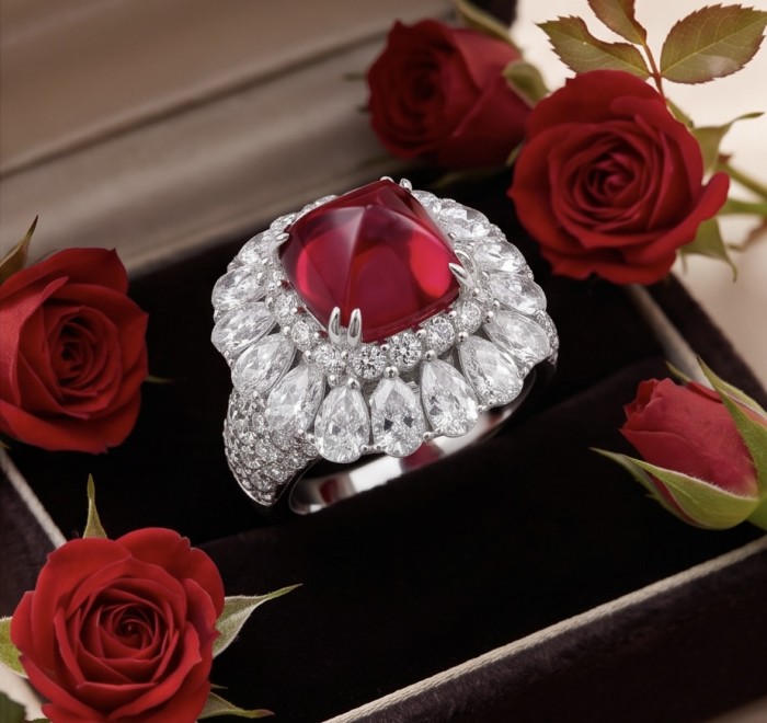 Elizabeth fancy cut 4.8 carat Mozambique Ruby 8.3 carat Moissanite .925 Sterling Silver dipped in Rhodium handcrafted Ring size 8 1/4 - Close-up of Elizabeth ring with Mozambique ruby and diamond accents.