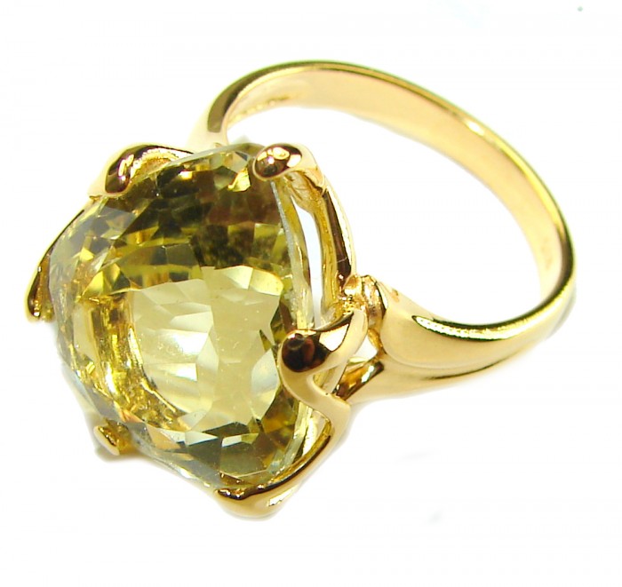 11.8 carat Genuine Trillion cut Lemon Quartz 14K Gold over .925 Sterling Silver handcrafted ring size 7 - photo 1