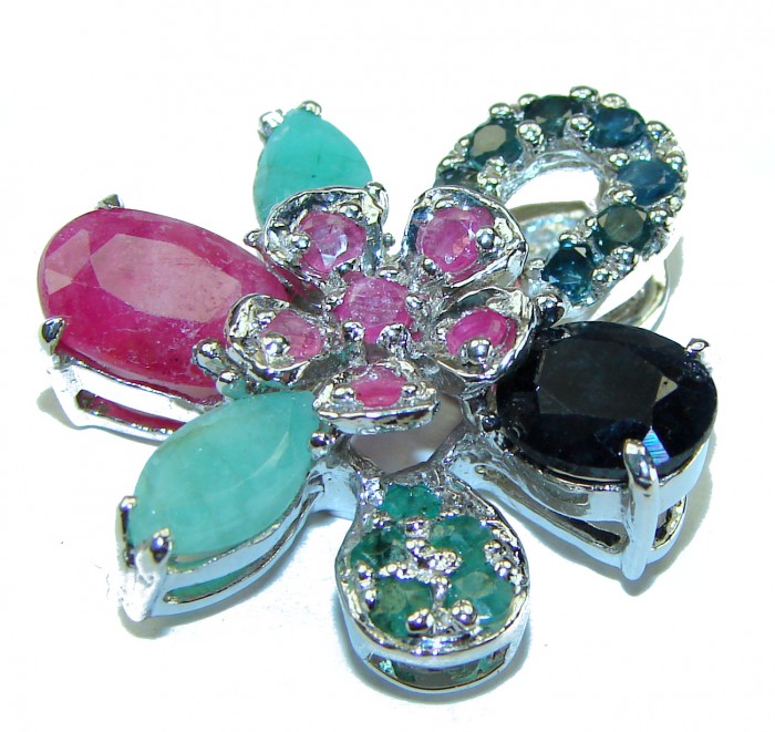 Precious Genuine 19.5 carat Emerald Ruby Sapphire .925 Sterling Silver handmade Pendant - photo 3