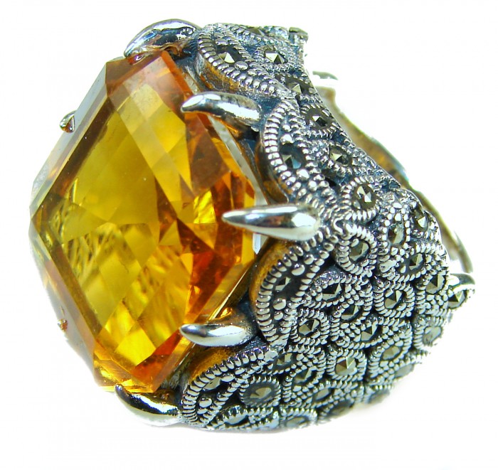 Beauty of the Nature cushion cut 29.5 carat Golden Topaz .925 Sterling Silver handcrafted ring; s. 6 3/4 - Close-up of 29.5 carat cushion cut Golden Topaz with ornate setting.