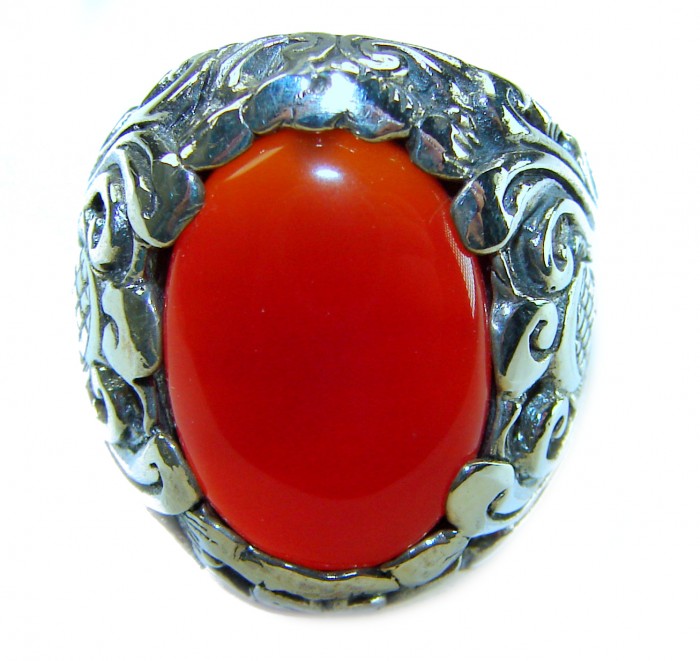 Orange Power natural Carnelian .925 Sterling Silver handmade ring s. 10 - Close-up of orange Carnelian ring with ornate silver detailing