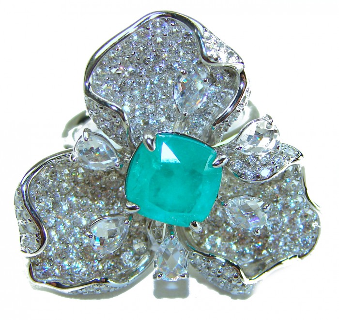 Exotic Beauty 5.5 carat Colombian Emerald .925 Sterling Silver dipped in 18K Gold over Handcrafted Ring size 6 - Emerald and diamond flower ring, top view, showcasing the central gem.