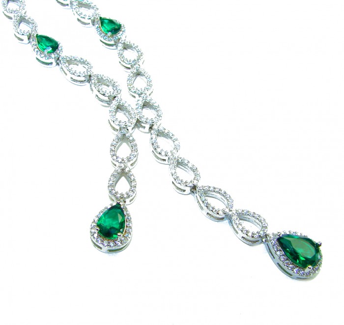 Vintage style - Timless Beauty 14.5 carat Colombian Emerald .925 Sterling Silver handcrafted Statement necklace - Necklace with emerald teardrop stones and diamond accents, angled display.