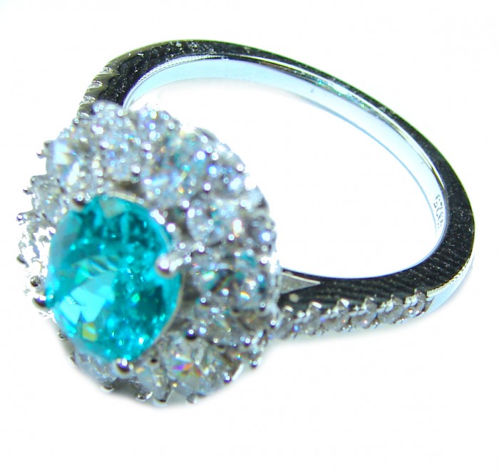 Eau Pure 3.5 carat Paraiba Tourmaline .925 Sterling Silver Handcrafted Ring size 8 1/4 - Paraiba tourmaline ring side view with diamond accents in sterling silver