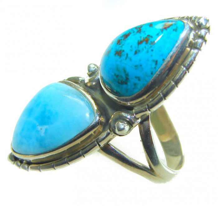 Duo Perfection Blue Larimar Turquoise .925 Sterling Silver handmade Large ring size 8 - photo 2