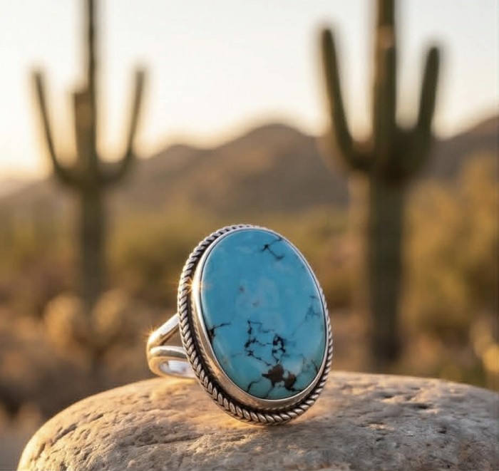 Go West - Rare authentic Turquoise .925 Sterling Silver handcrafted Large ring; s. 8 - Turquoise silver ring close-up with cactus and desert background.