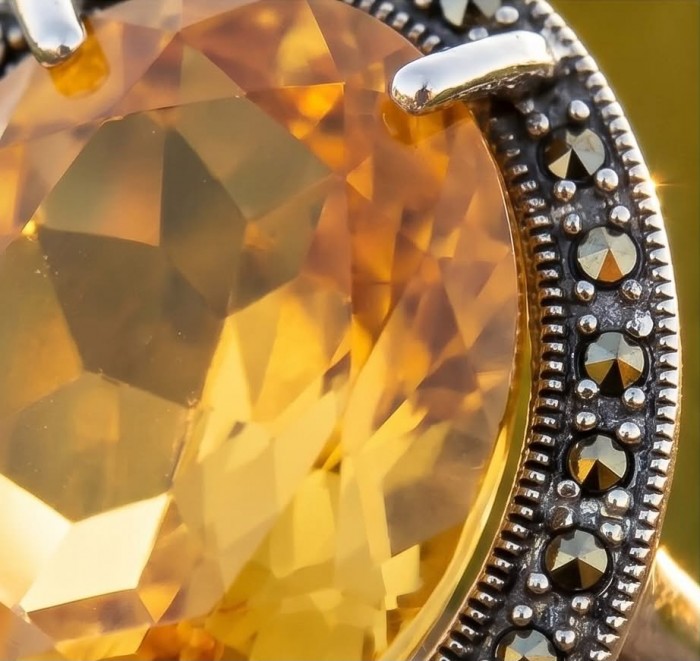Golden Dream 22.5 carat Citrine Marcasite .925 Sterling Silver Handcrafted Ring size 8 3/4 - Stone close-up of Citrine and Marcasite sterling silver jewelry