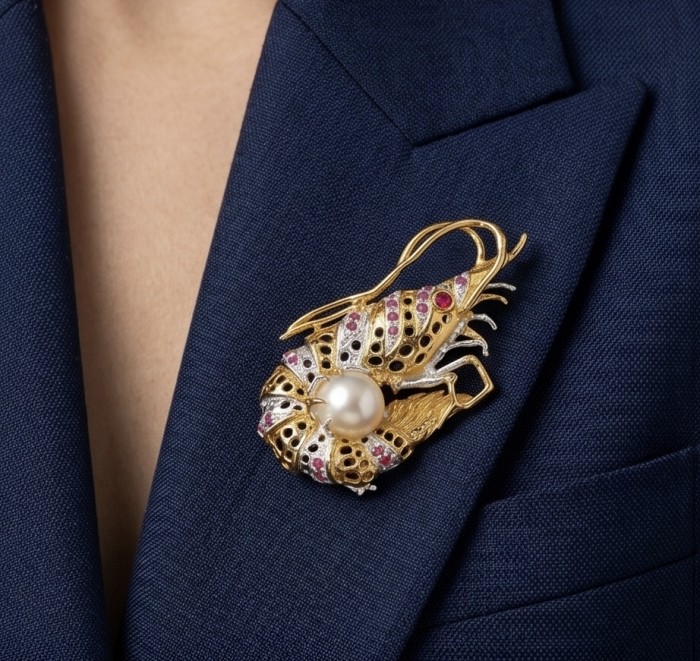 Precious Shrimp genuine Ruby 14k Gold over .925 Sterling Silver handmade Pendant - Brooch - Gold shrimp brooch with pearl and rubies on blue fabric, close-up angle