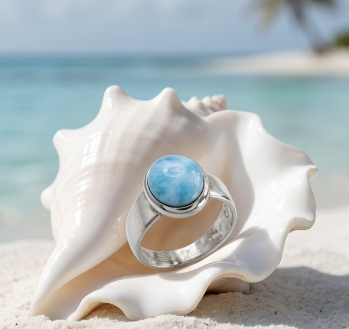 7.9 carat Blue Perfection natural Larimar .925 Sterling Silver handmade ring size 7 1/4 - Larimar ring on shell, beach background, stone close-up.