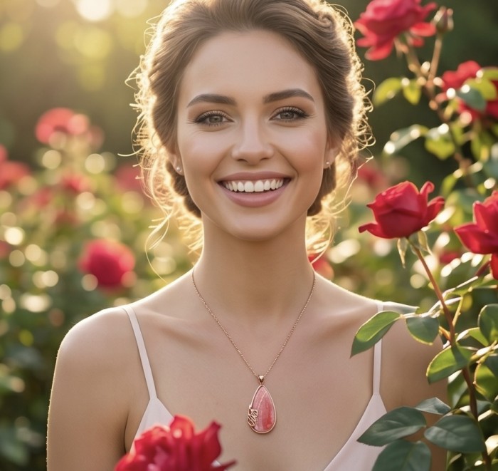 Argentinian Rhodochrosite handmade Pendant in Vermeil 18K Rose Gold Over .925 Sterling Silver - Pendant worn, surrounded by red roses, front view.