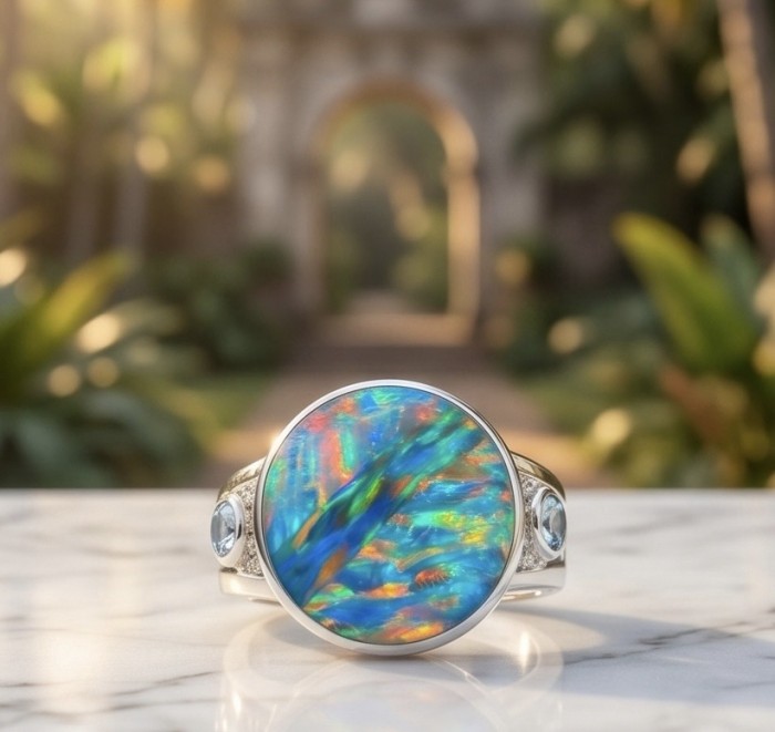 Endless Ocean Genuine 17.5 carat doublet Australian Opal .925 Sterling Silver handmade Ring size 6 3/4 - Close-up of Endless Ocean ring with Australian Opal on marble surface