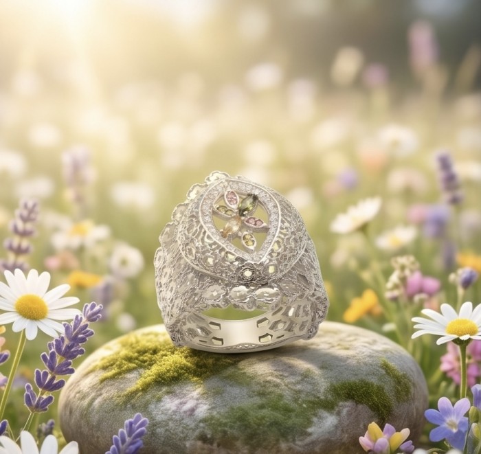 Casablanca - authentic 3.4 carat Tourmaline .925 Sterling Silver brilliantly handcrafted ring s. 8 - Intricate silver ring with stone close-up on a flowered mossy rock.