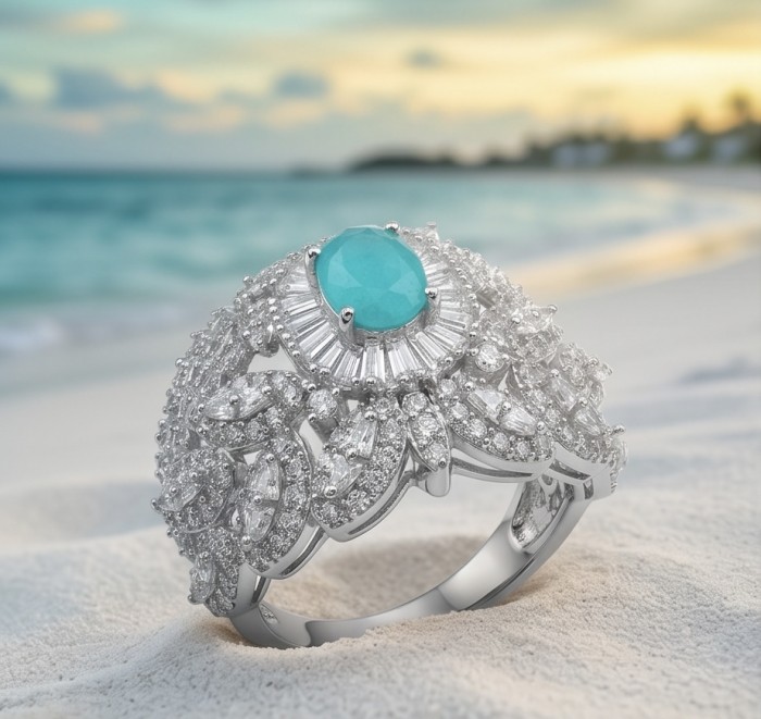 Luxurious 4.2 carat Colombian Emerald .925 Sterling Silver dipped in Rhodium handcrafted Ring size 8 1/4 - Close-up of a sterling silver ring with Colombian emerald on the beach.