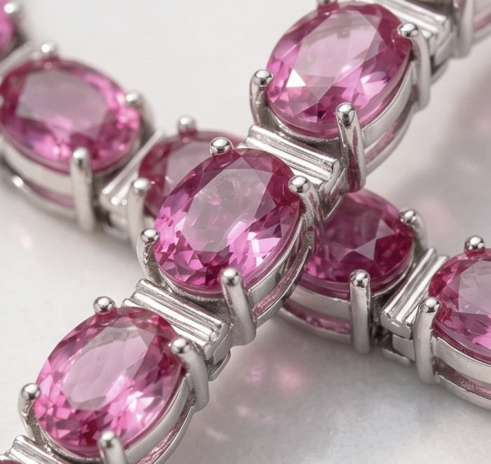 Luxurious 45.4 carat Pink Sapphire rhodium over .925 Sterling Silver handcrafted Bracelet - Close-up of pink sapphire stones in a rhodium-plated bracelet.
