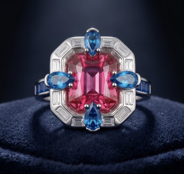 Art Deco 8.6 ctw Ruby .925 Sterling Silver handcrafted Statement Ring size 8 - Close-up of Art Deco ruby and blue gemstone ring on velvet background.